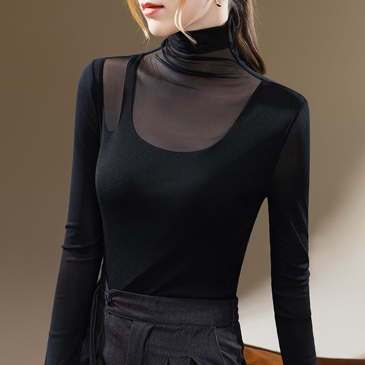Dame langærmet skjorte med transparente indsatser og elegant ståkrave Stilla
