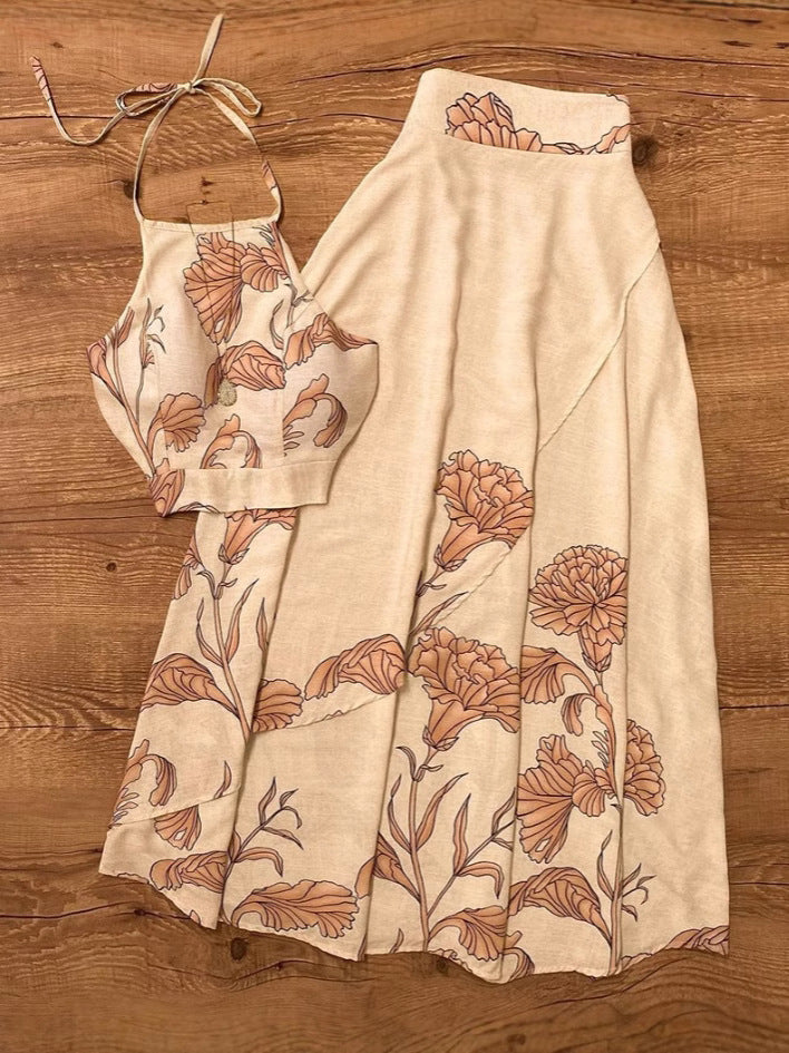 Dame sommerligt crop-top og maxiskørt sæt med blomsterdesign Stilla
