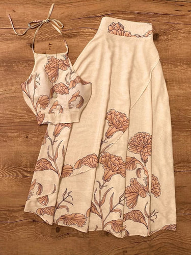 Dame sommerligt crop-top og maxiskørt sæt med blomsterdesign Stilla