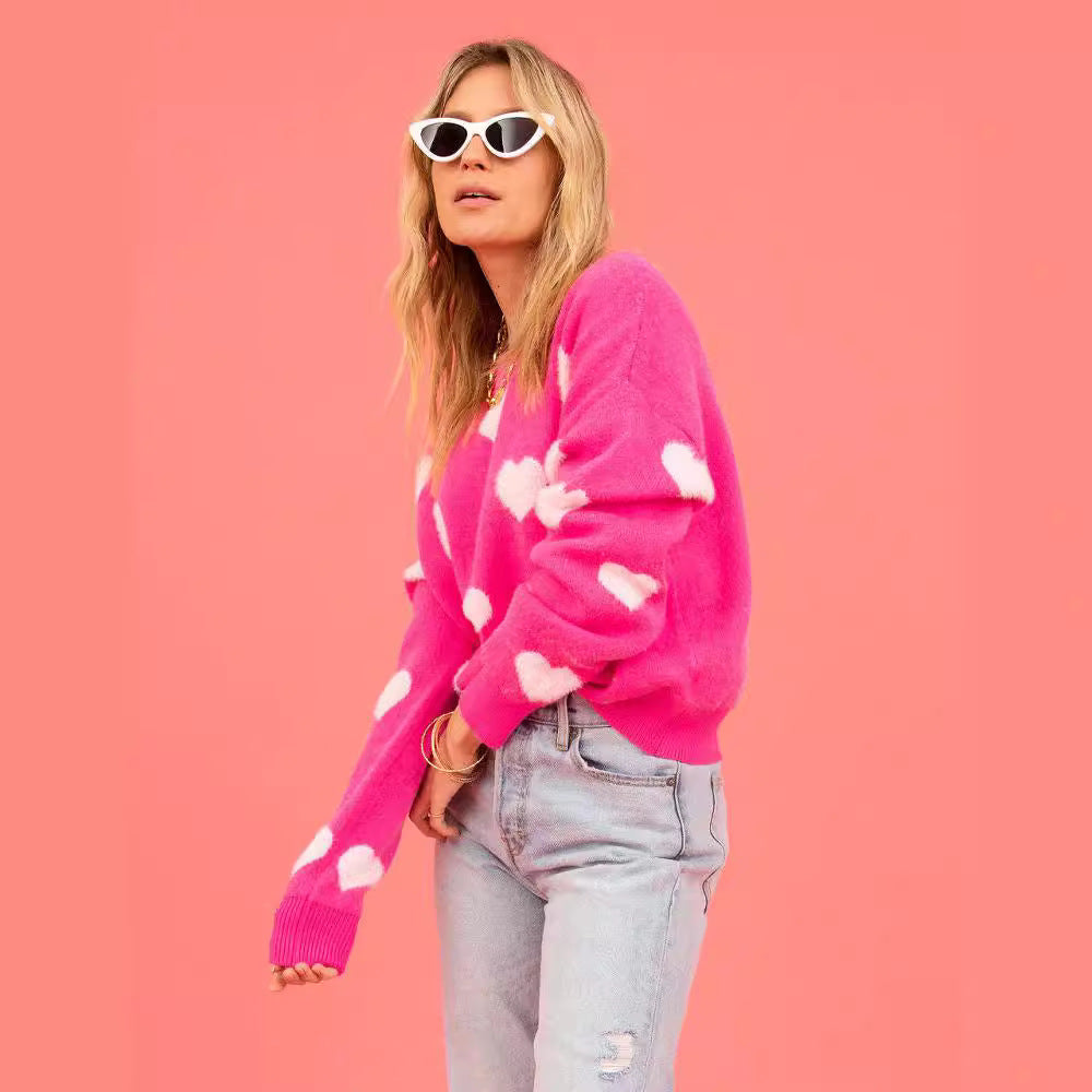 Kvinders sweater med hjerteapplikationer og løs pasform Stilla