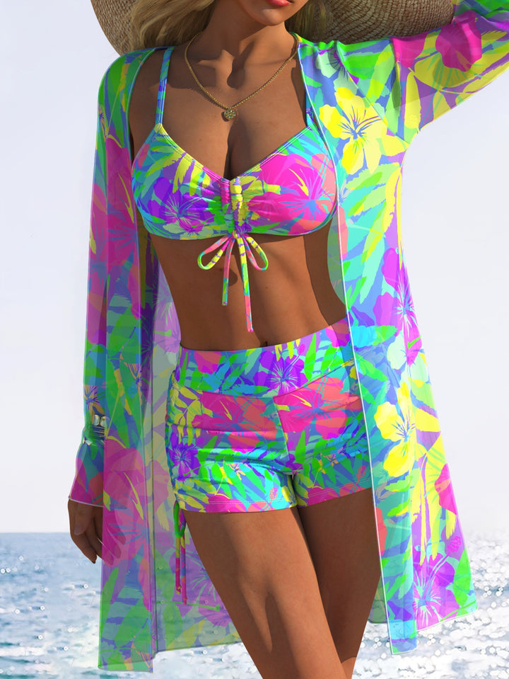 Dame Bikiniset med flower design og svingende kimono Skovae