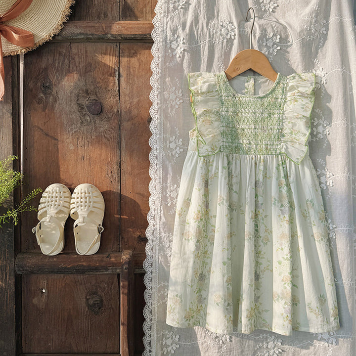 Pige Floral Smocked Kjole med Rufflesleeves Stilla