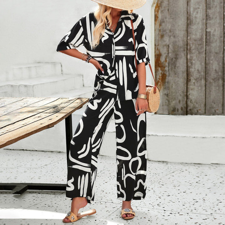 Dame Luftig Sæt bestående af cropped top med mønstret kimono og bred bukser Stilla