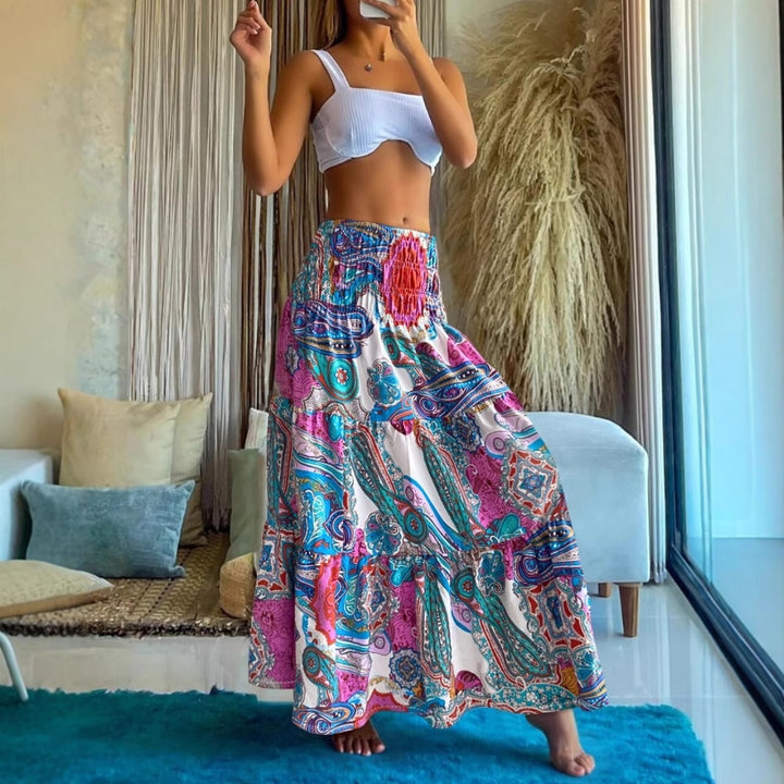 Dame maxilangt skirt med blomster mønstre og elastisk talje Stilla