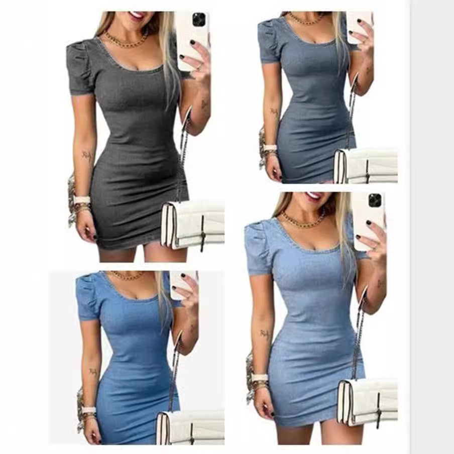 Dame Puffærmet Denim Bodycon Kjole Stilla