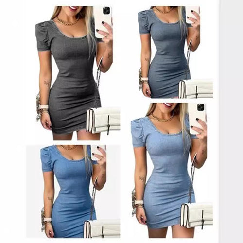 Dame Puffærmet Denim Bodycon Kjole Stilla