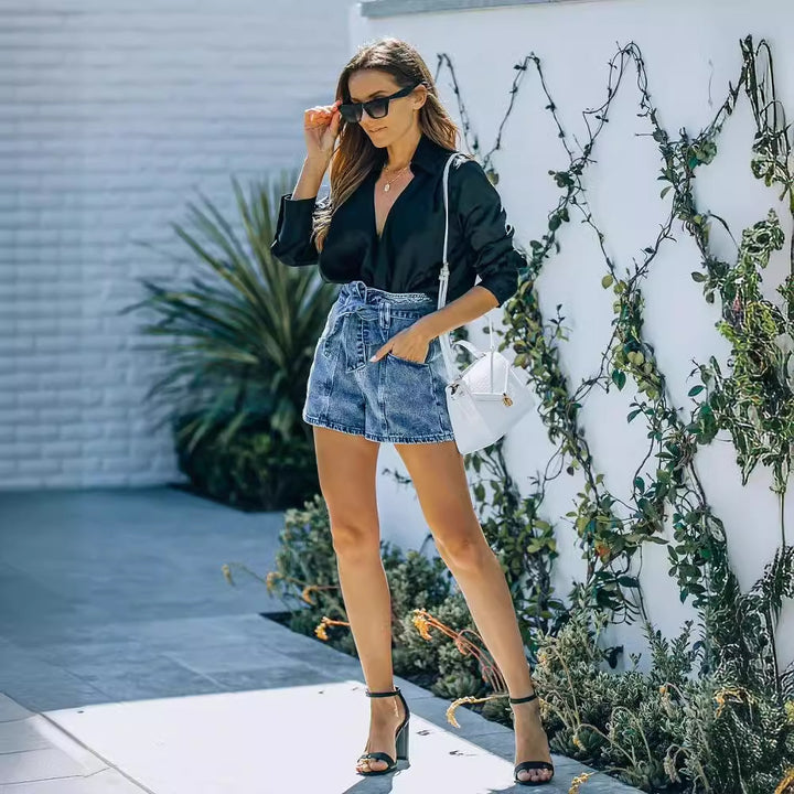 Kvinder Høj Talje Denim Shorts med Aftageligt Bælte Stilla