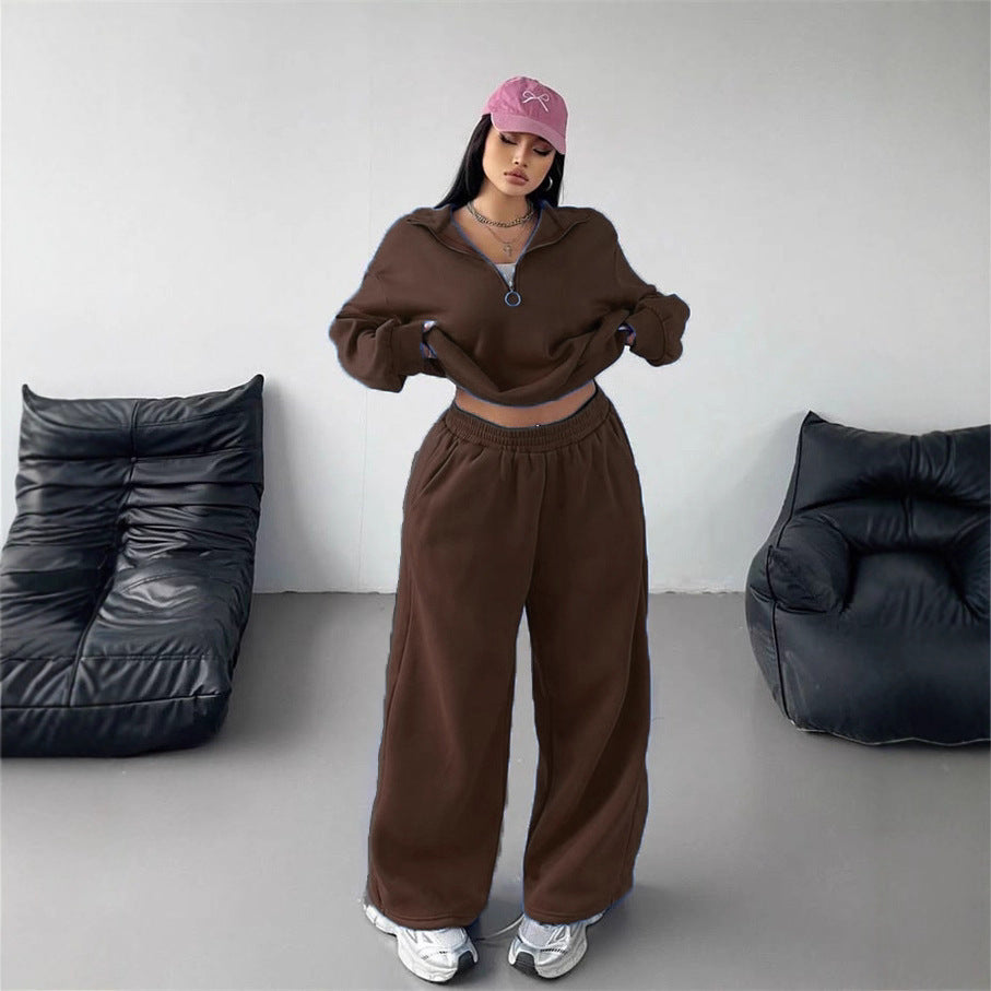 Damerne komfortable fleece loungewear sæt med løs pasform og halvlængde lynlås Skovae
