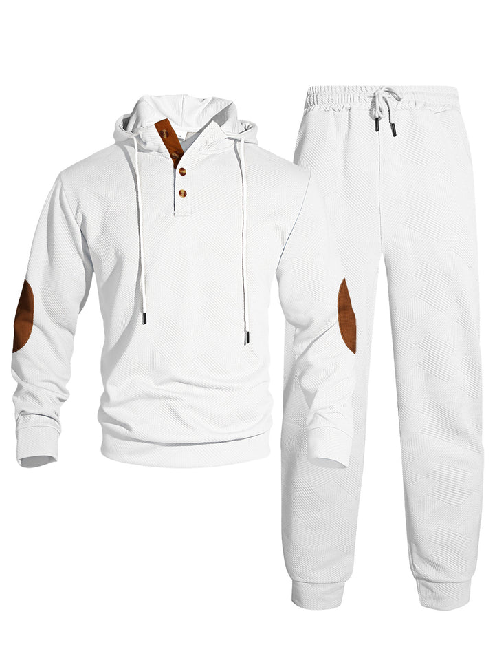 Herrer nan vaffelstruktur Henley-hoodie sæt med træknap liste albue-patch og konisk joggingbukser Skovae