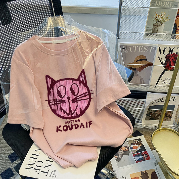 Dame T-shirt med kreativt kattemotiv og afslappet pasform Stilla