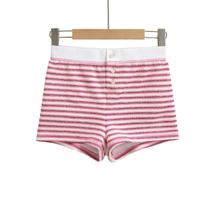 Dame sporty stribede shorts med elastisk linning og knapdetaljer Stilla