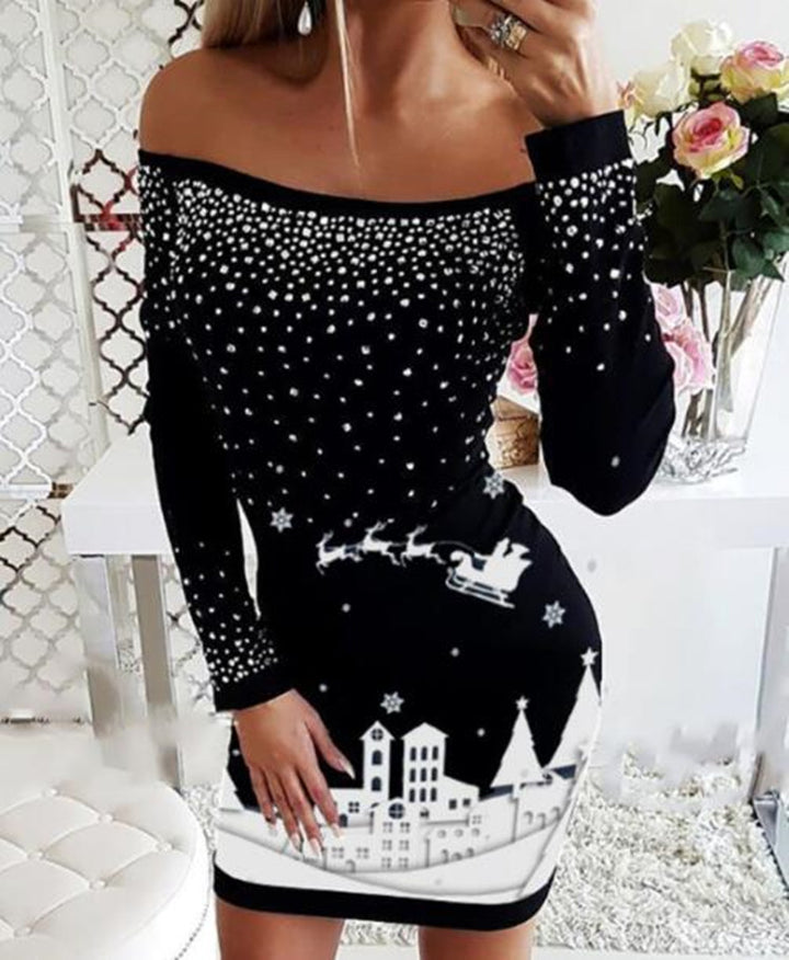 Dame Off-Shoulder Julekjole med glitrende applikationer og festtryk Stilla
