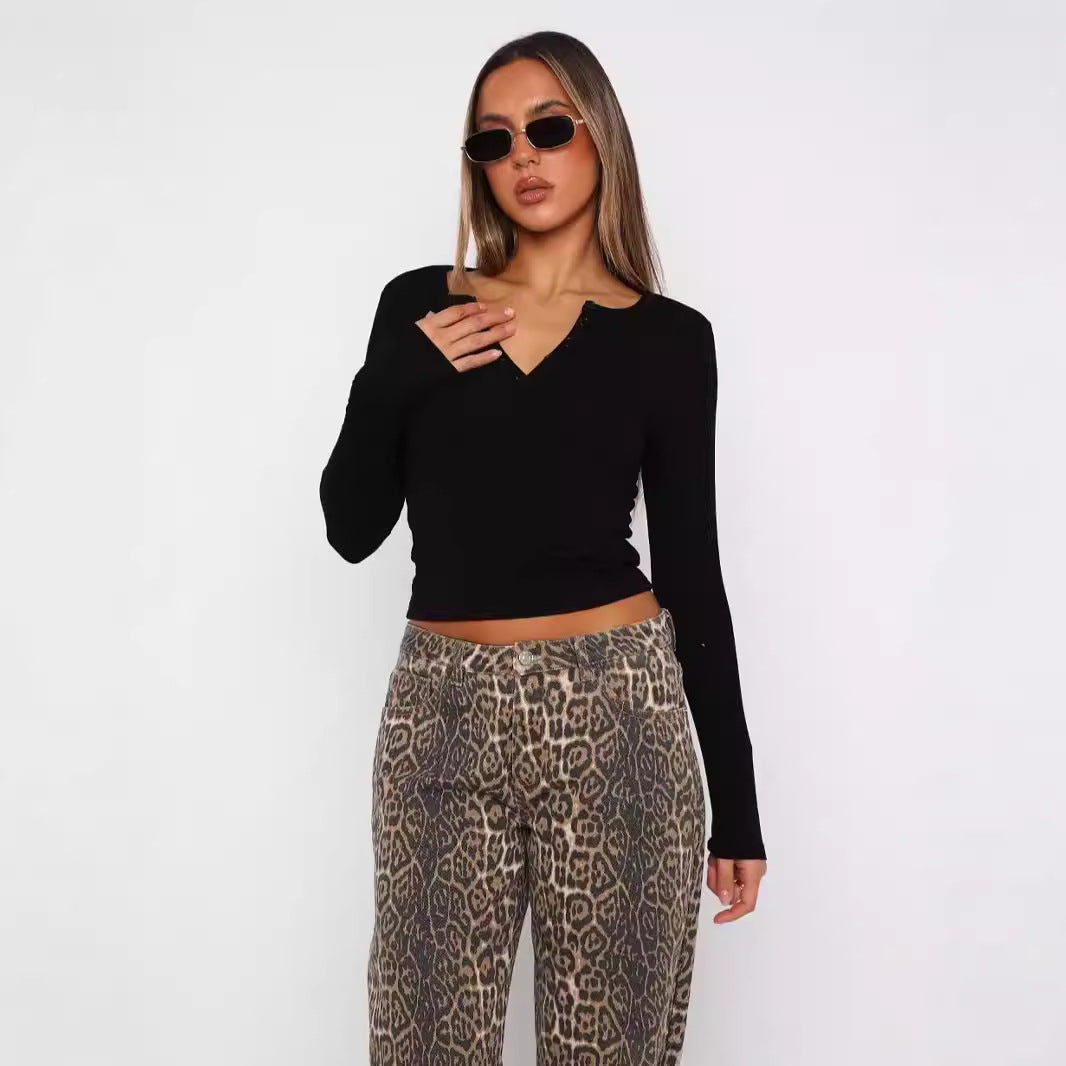 Dame Langærmet Crop-Top med elegant V-udskæring og figursyet snit Skovae