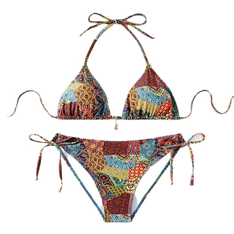 Dame triangel-bikini med iøjnefaldende mønster og justerbare snøringer Skovae