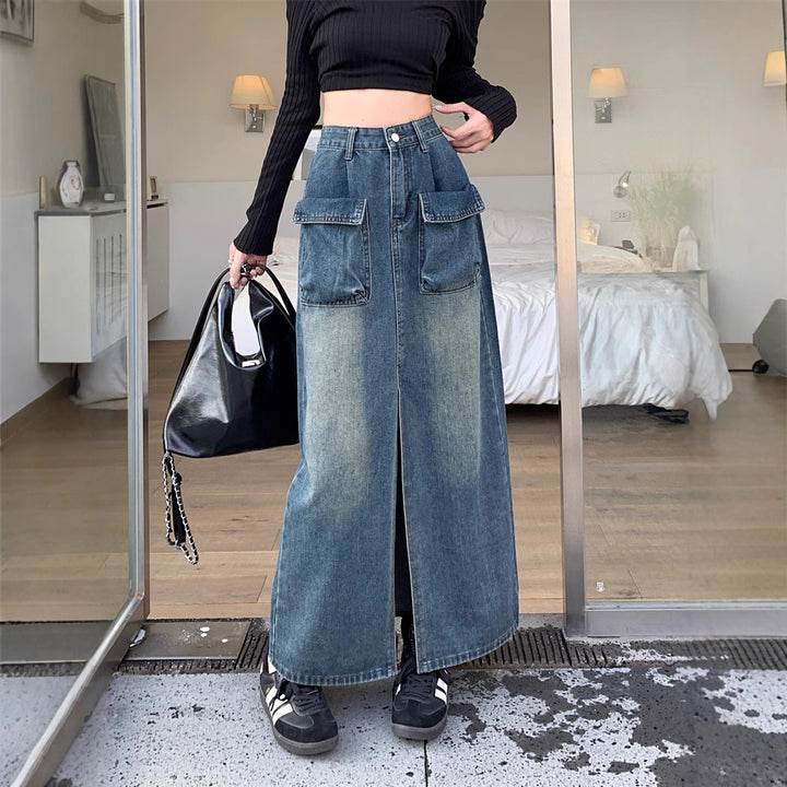 Kvinders lange denimnederdel med rummelige lommer Stilla