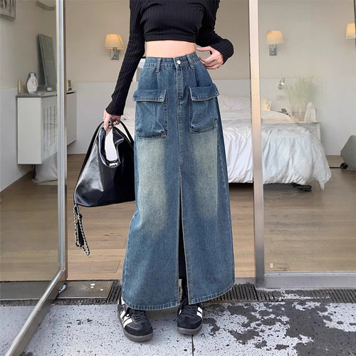 Kvinders lange denimnederdel med rummelige lommer Stilla