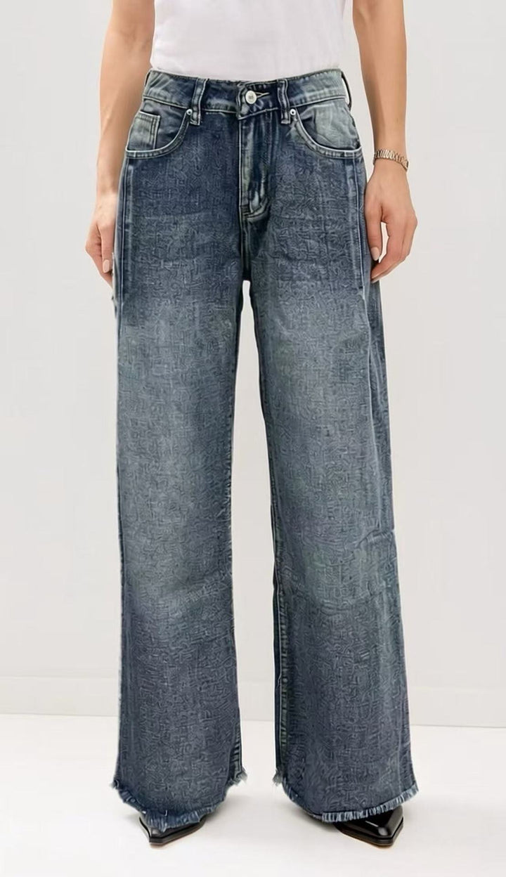 Dame brede denim jeans med kreativt mønster og frynset søm Skovae