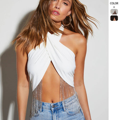Dame trendy top med glitrende frynser og omviklingsdesign
