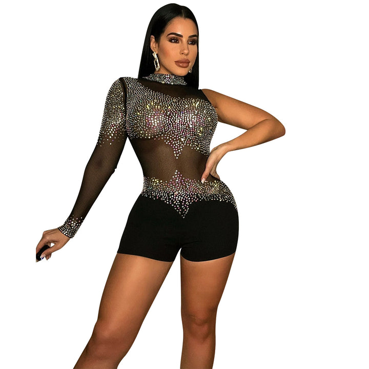 Dame Funktionsrige Rhinestone Bodysuit med gennemsigtige indsatser og lange ærmer Stilla