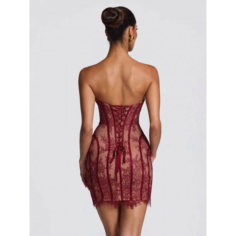 Damen Sexy Spitzenkleid mit gerafftem Schnitt und herzförmigem Ausschnitt Skovae