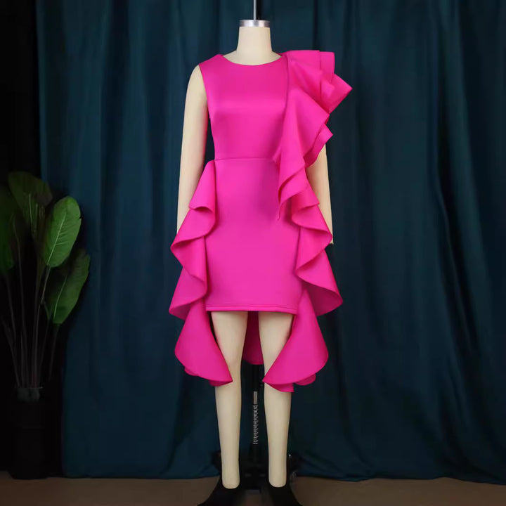 Dame elegant kjole med asymmetrisk flæser Skovae