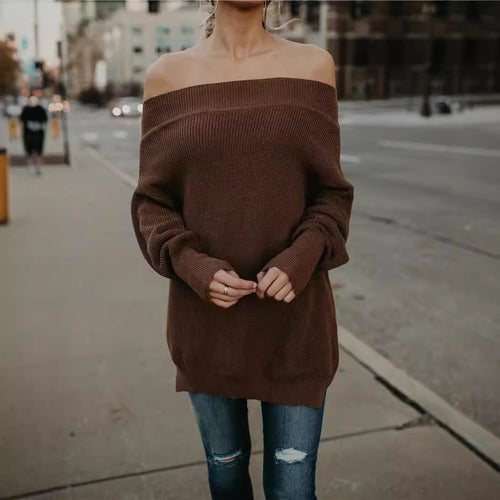 Damer afslappet off-shoulder strikpullover med løs pasform og stribet design Stilla