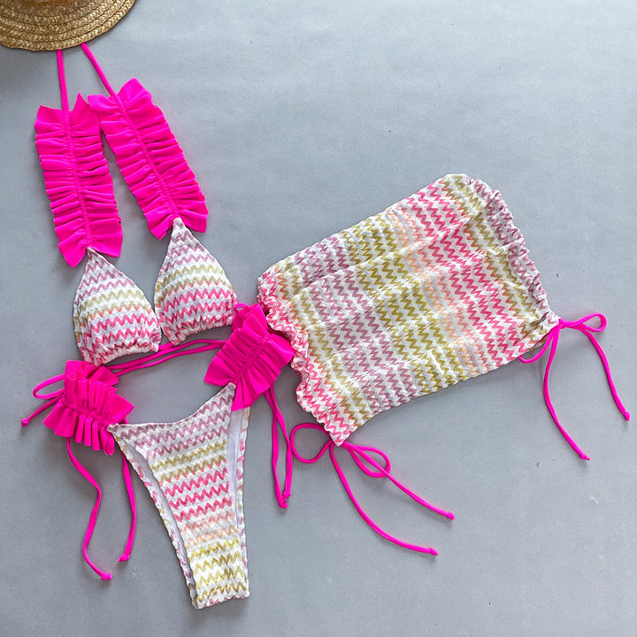 Dame bikini-sæt med stilfulde flæsedetaljer og harmonisk bølgemønster Stilla