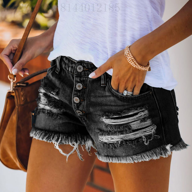 Dame afslappede Destroyed Denim Shorts med knapdetaljer og frynset kant Skovae
