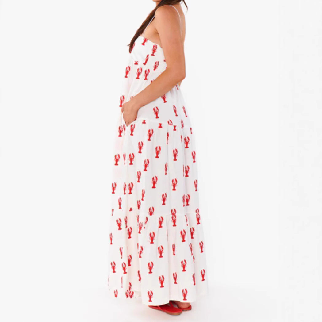 Dame uden stropper trappe maxikjole med bandeau-top løs A-linie og maritim hummer-print Skovae