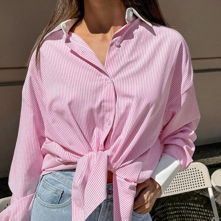 Dame Oversized Skjorte med Knude og Stribet Design Stilla