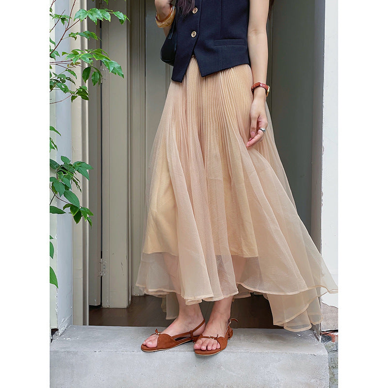 Dame plisseret maxi-nederdel i let chiffon med svingende snit Stilla