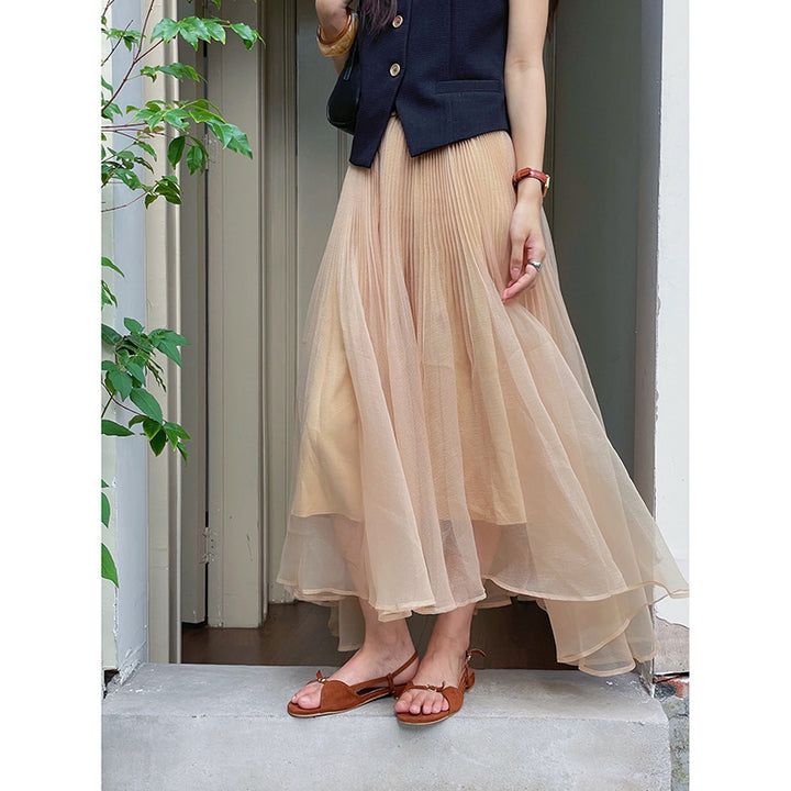 Dame plisseret maxi-nederdel i let chiffon med svingende snit Stilla