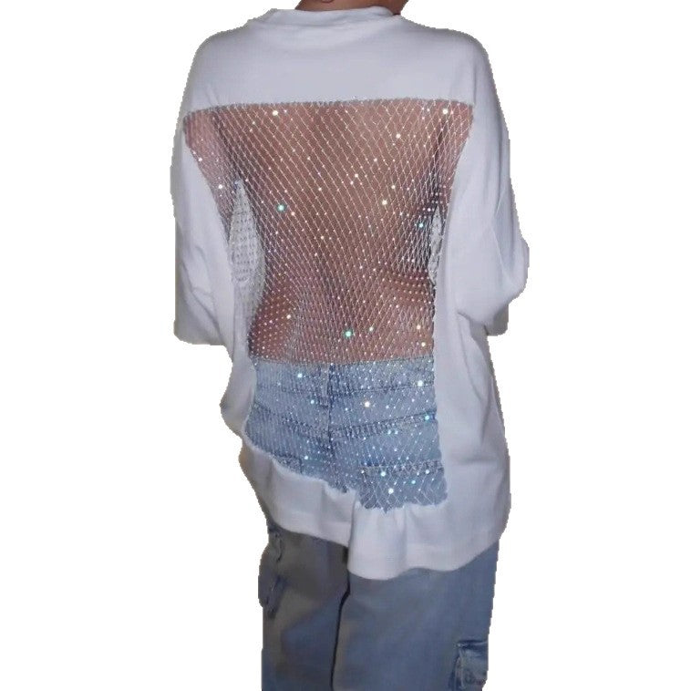 Dame nan Oversize-T-shirt med transparent netbag, strassbesætning og jeansprint Skovae