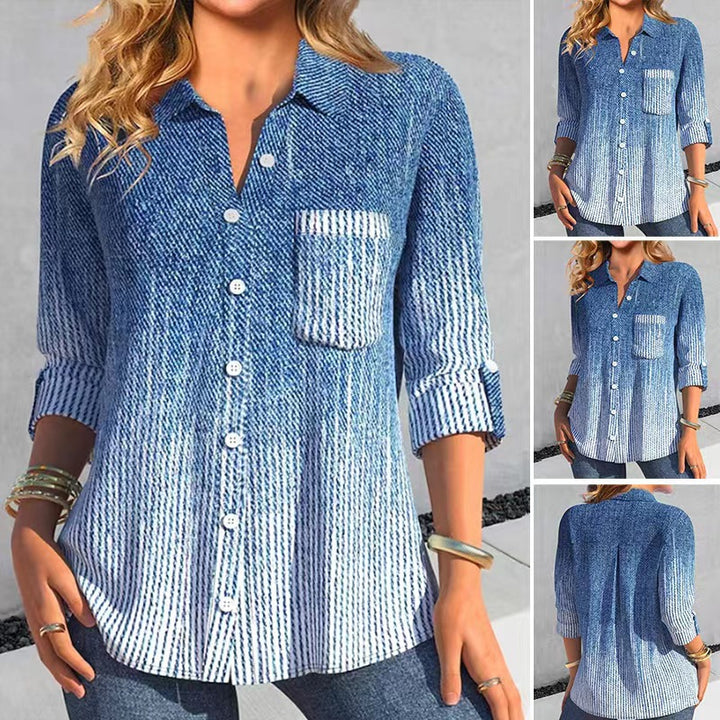 Dame skjorte i moderne denim-stil med fint stribemønster og påsyet brystlomme Stilla