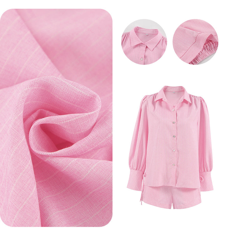 Dame sæt bestående af elegant bluse med puffærmer og korte shorts Stilla