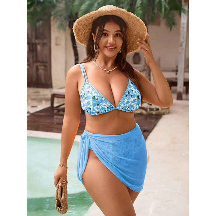 Dame triangel-bikini med blomstermønster top og gennemsigtig omslagskjørt Skovae