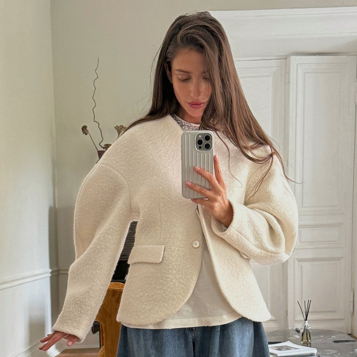 Dame Trendy Boucle Jakke med Droppede Skuldre og Knaplukning Stilla