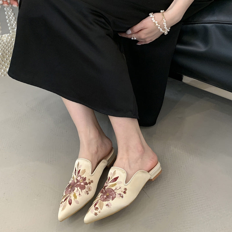 Dame elegante Mules med florale broderier og spids tå Stilla