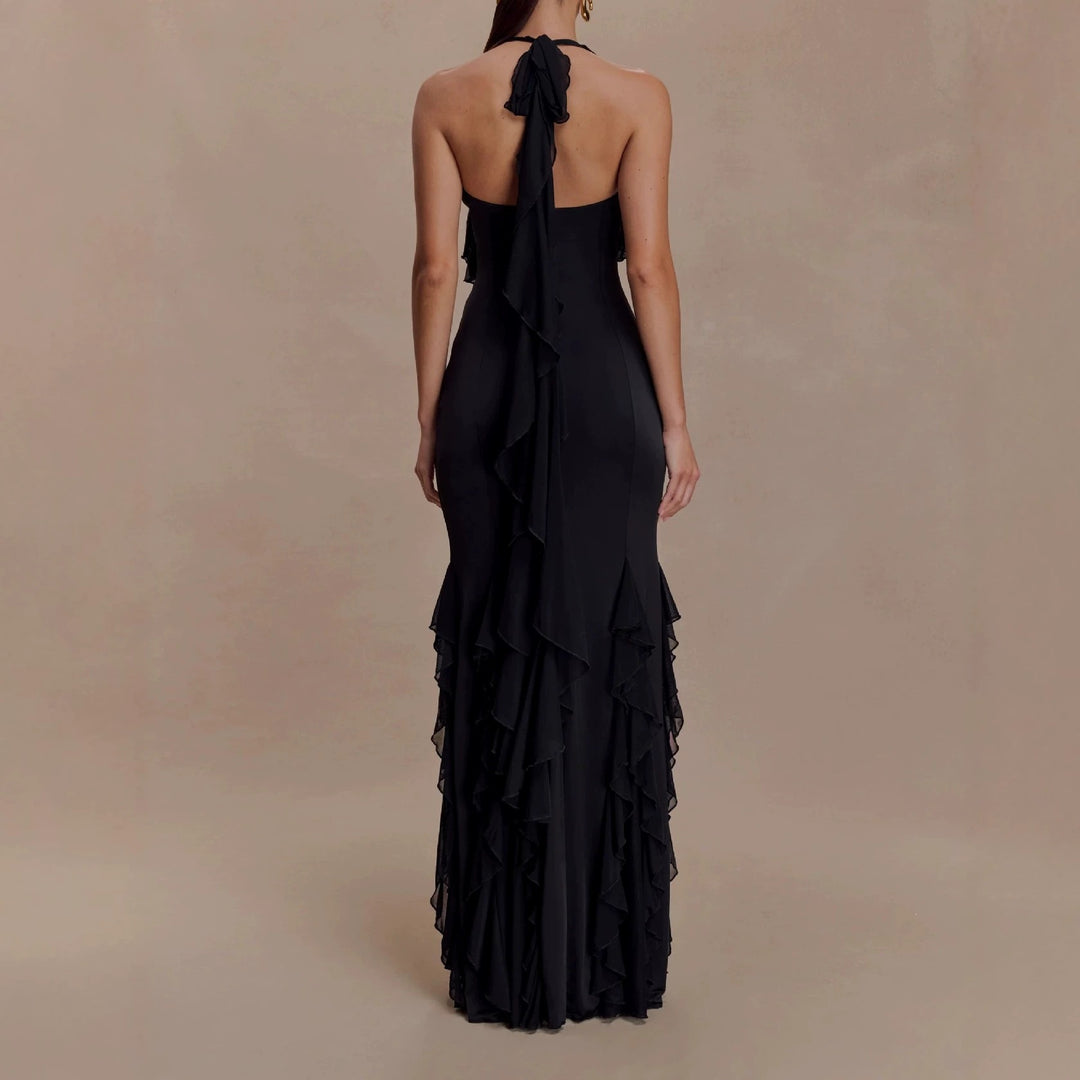 Dame Elegant Langærmet Maxikjole med Ruffles Detaljer Skovae
