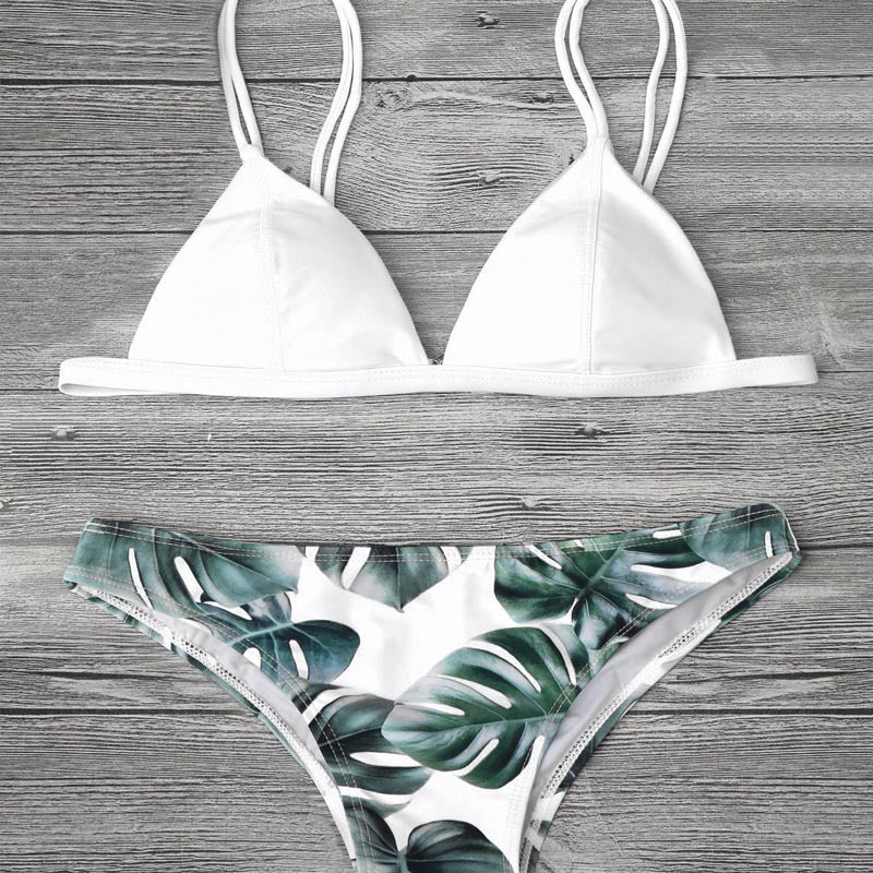 Dame triangel-bikini med trendy bladmønster Skovae