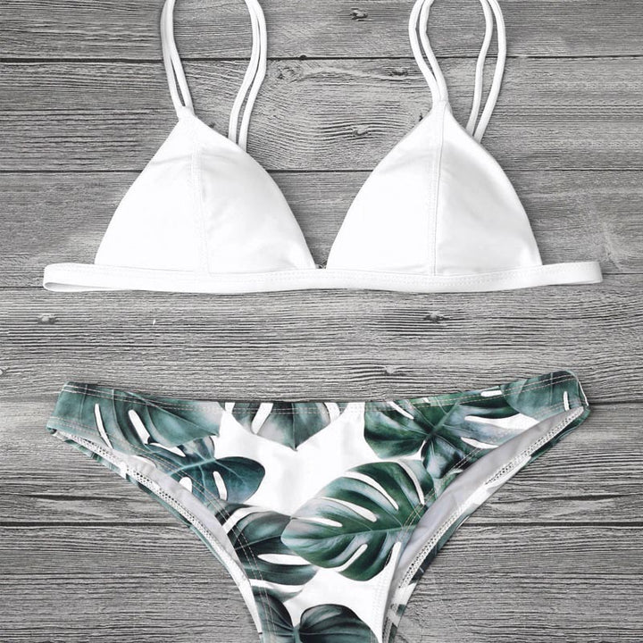 Dame triangel-bikini med trendy bladmønster Skovae