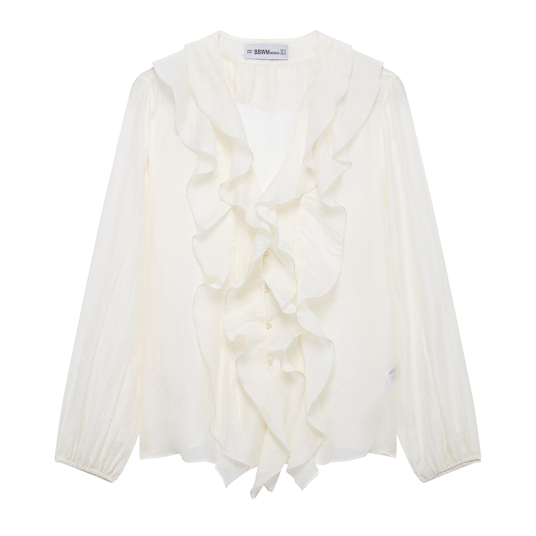 Femme Rufflesilke bluse med knaplukning Stilla