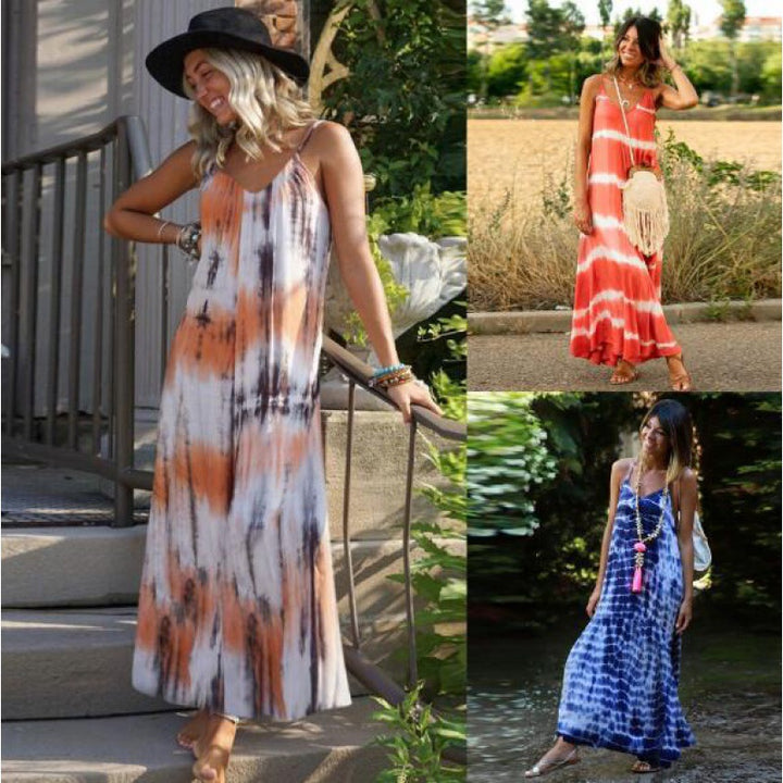 Kvinders maxikjole med trendy tie-dye design og flatterende V-hals Stilla