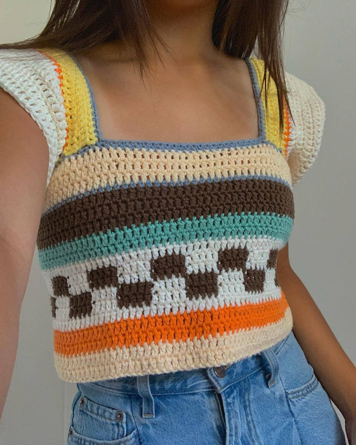 Dame hæklede Crop-Top med farverigt stribemønster og firkantet udsnit Skovae