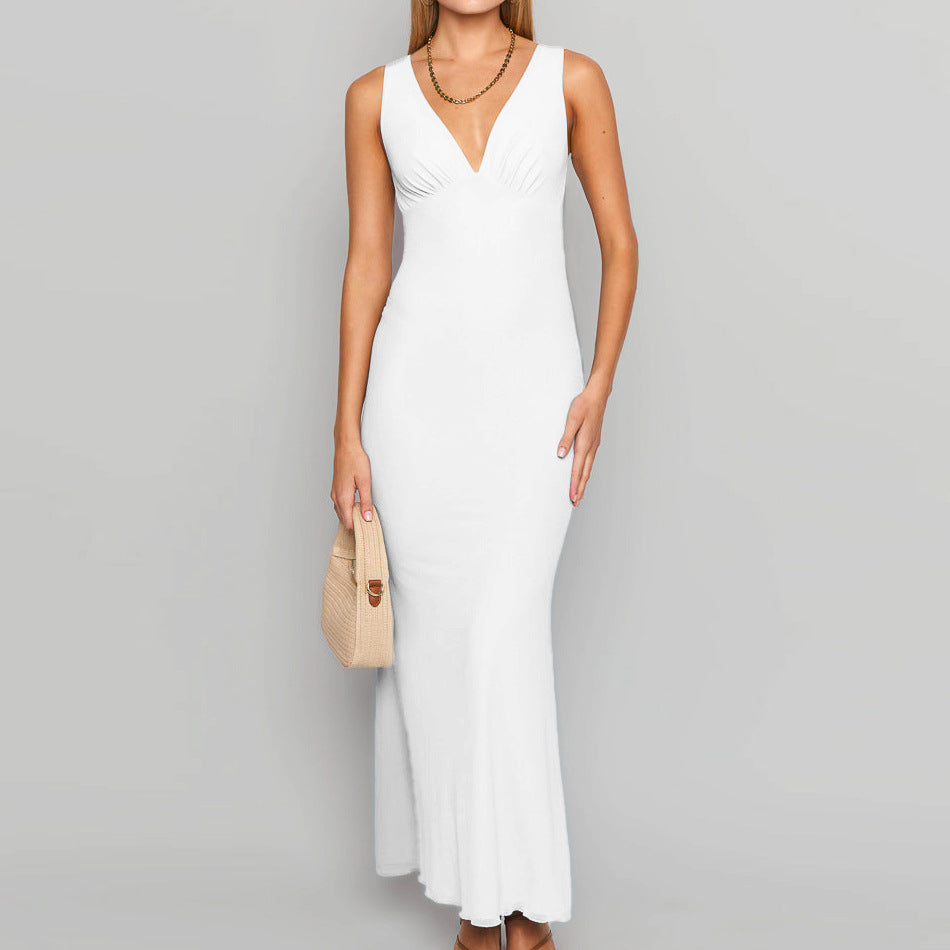 Dame elegant Maxi kjole med dyb V-hals og figursyet snit Stilla