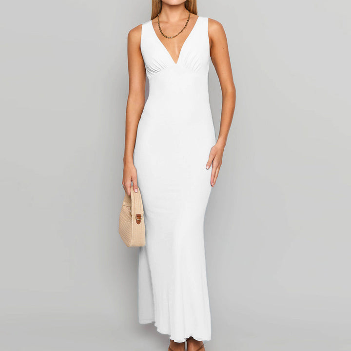 Dame elegant Maxi kjole med dyb V-hals og figursyet snit Stilla