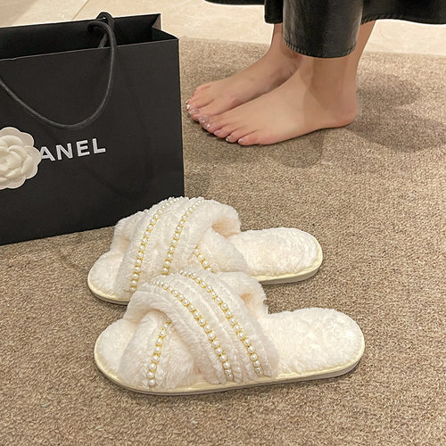Dame Fluffy Pantoletter med glamourøs perledekoration Stilla