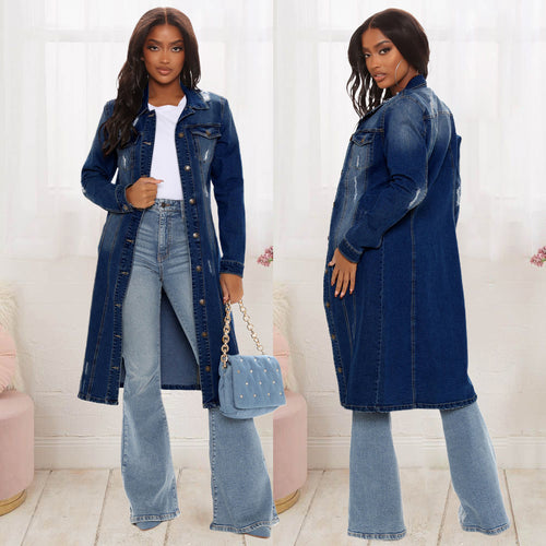 Dame lang Denim-frakke med modige Destroyed-detaljer Stilla