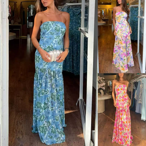 Dame Strapless Maxikjole med Flydende Volangkant Stilla
