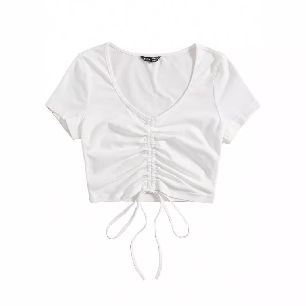 Dame Cropped Top med raffinerede flæse-detaljer og snøre Skovae